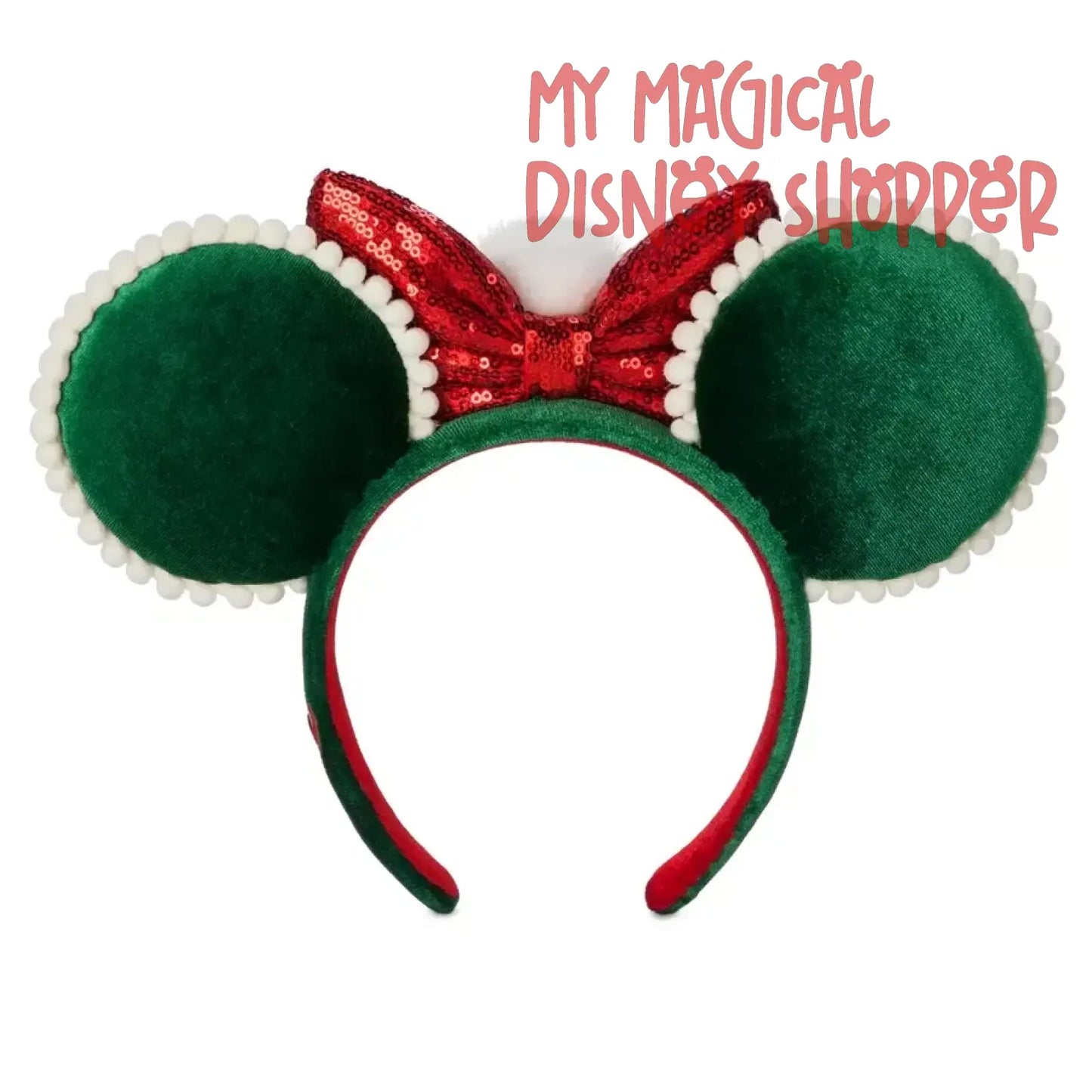Green Minnie Mouse Christmas Ear Headband with Pom and Sequin Bow
