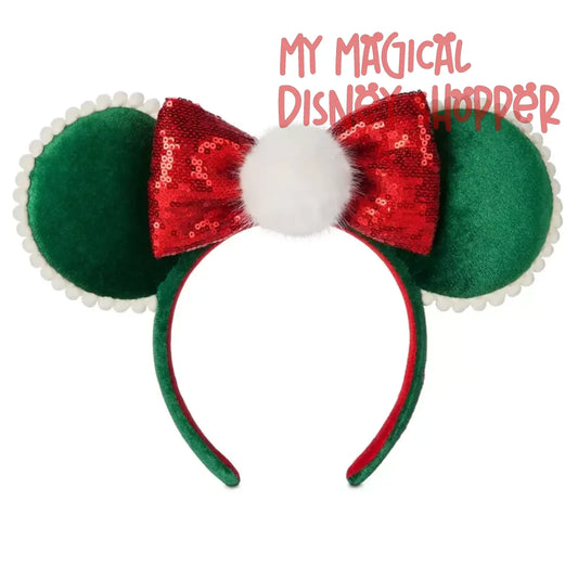 Green Minnie Mouse Christmas Ear Headband with Pom and Sequin Bow