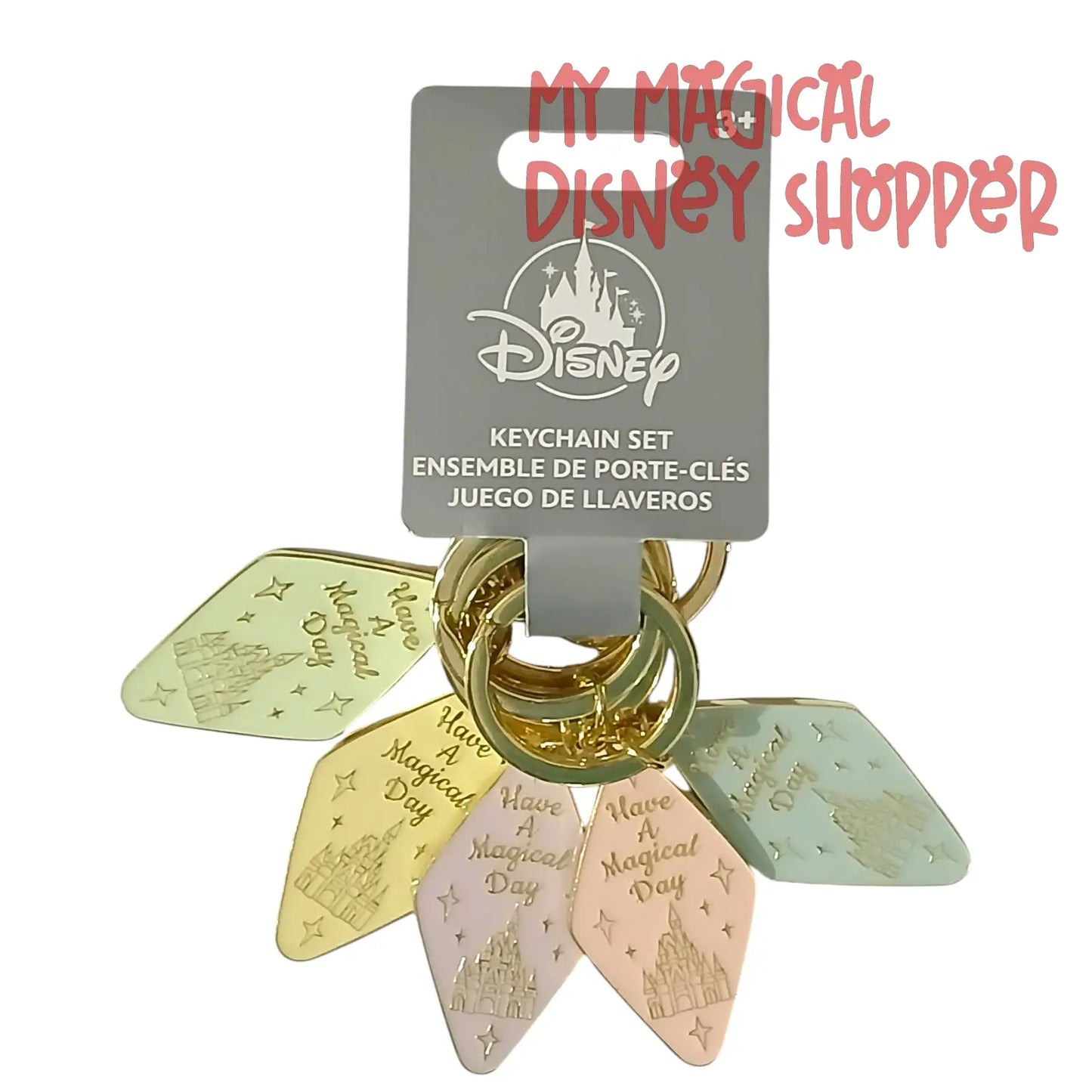 "Have a Magical Day" Castle Keychain Set – 5-Piece Pastel & Gold