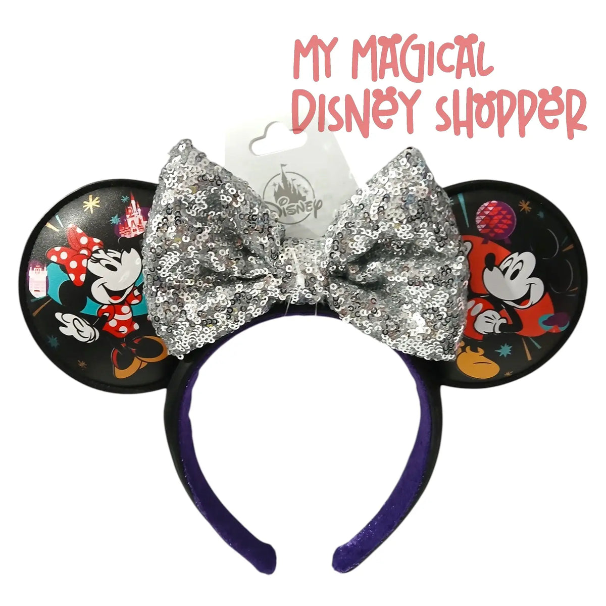 Disney Parks 2026 Walt Disney World Mickey & Minnie Mouse Ear Headband with Silver Sequined Bow 🐭🏰✨