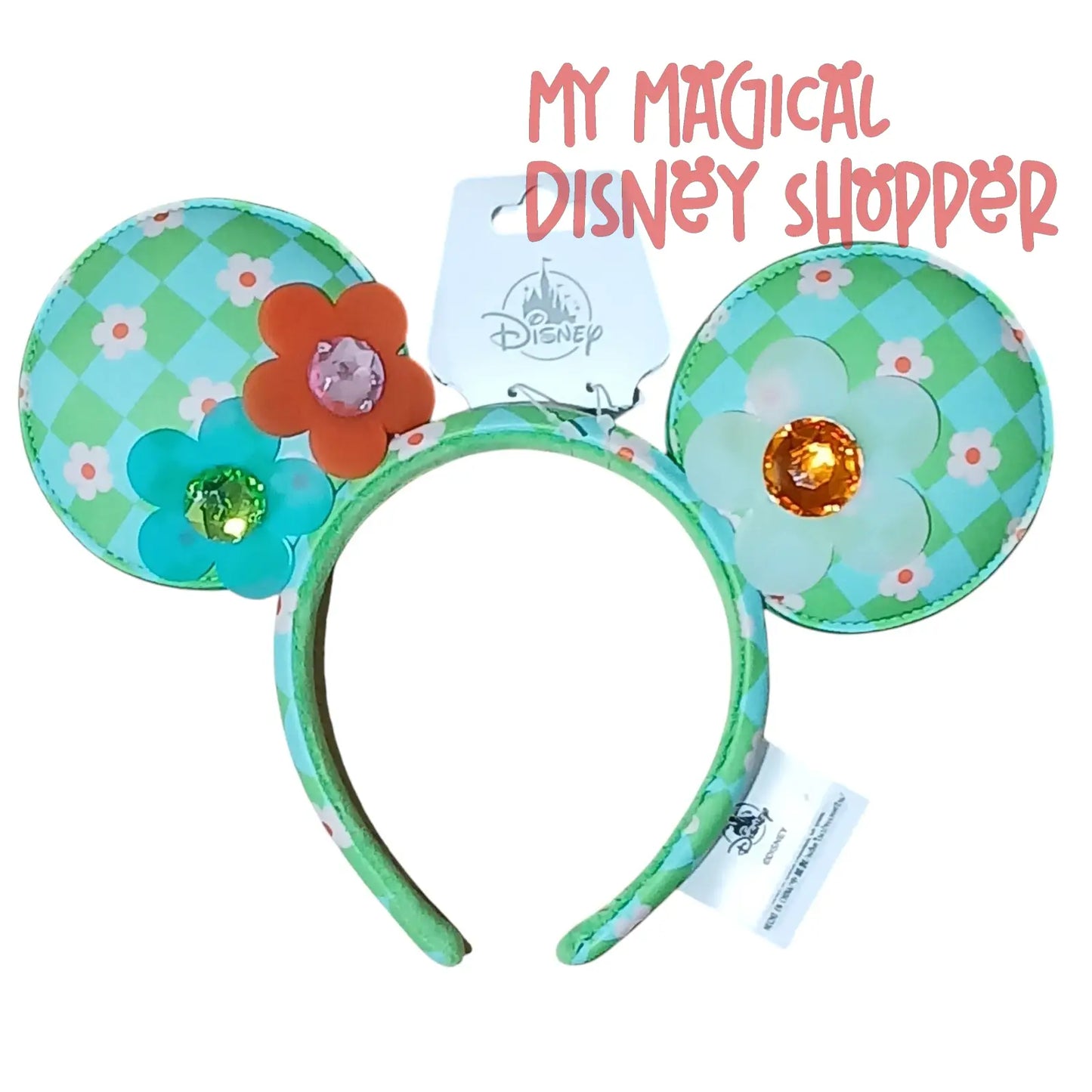Disney Parks Blue and Green Checkered Floral Ear Headband for Adults 💙🌼✨