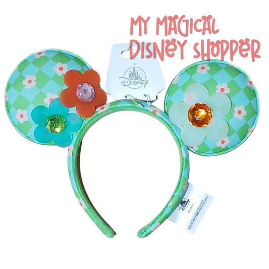 Disney Parks Blue and Green Checkered Floral Ear Headband for Adults 💙🌼✨