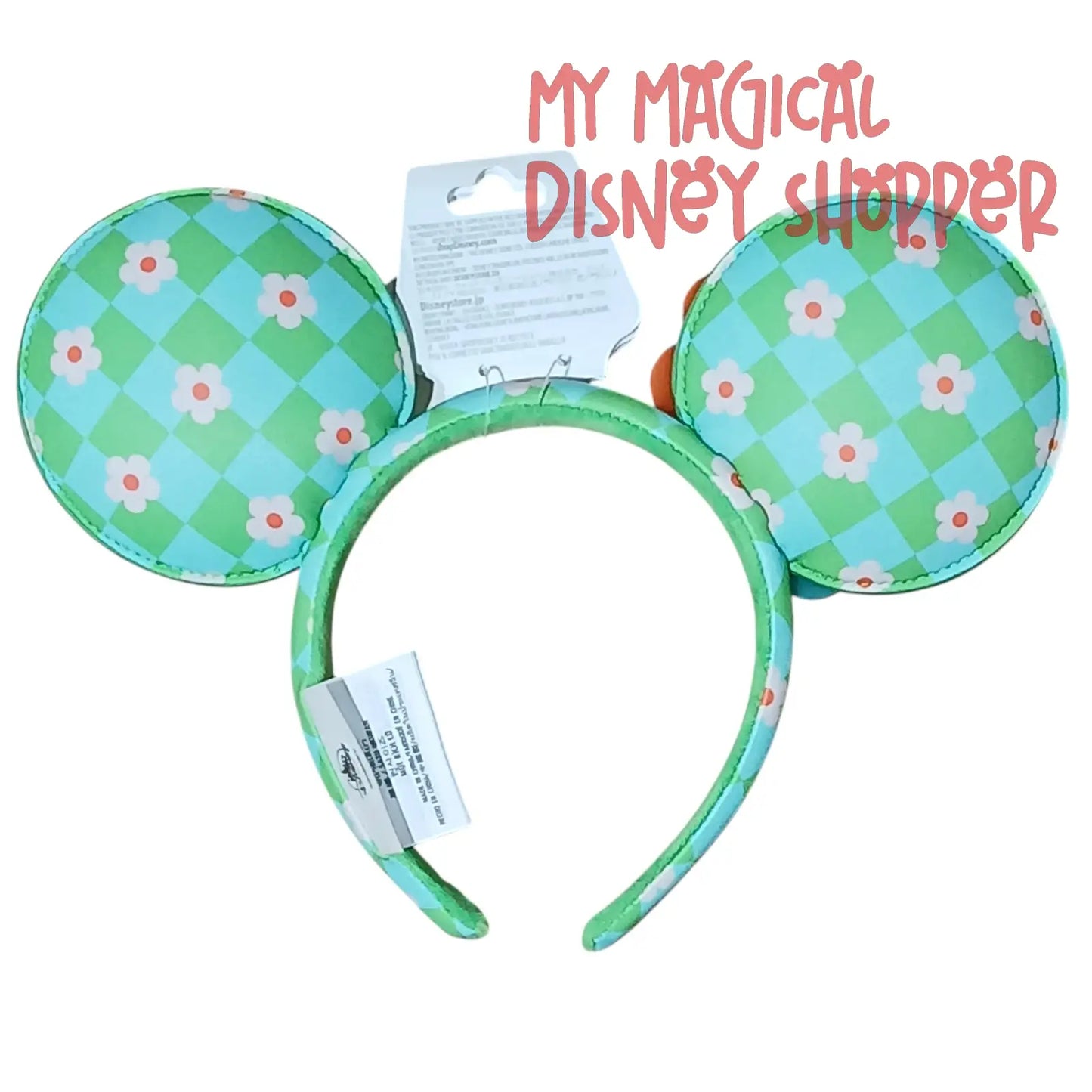 Disney Parks Blue and Green Checkered Floral Ear Headband for Adults 💙🌼✨