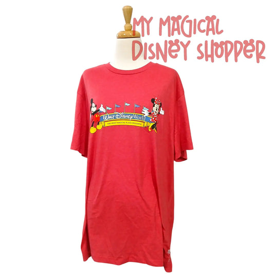Red Walt Disney World "The Most Magical Place on Earth" Entrance Archway Featuring Mickey and Minnie Red T-shirt - Size Adult XL
