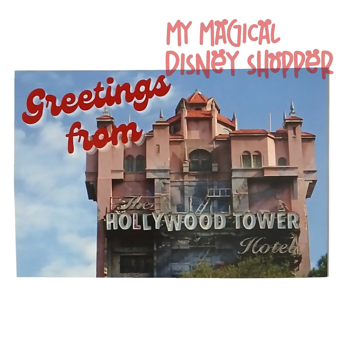Hollywood Tower Hotel “Greetings From” Postcard – The Twilight Zone Tower of Terror 🏨⚡👻✨