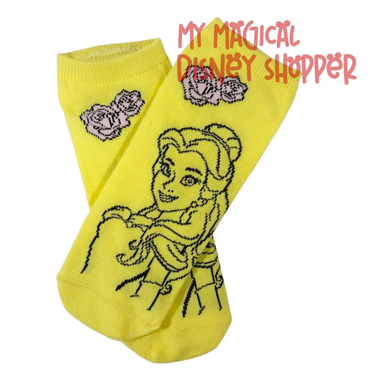 Disney Beauty and the Beast Belle Trainer Socks – Adult Shoe Size 4–10 Yellow with Pink Rose 🌹💛👑✨
