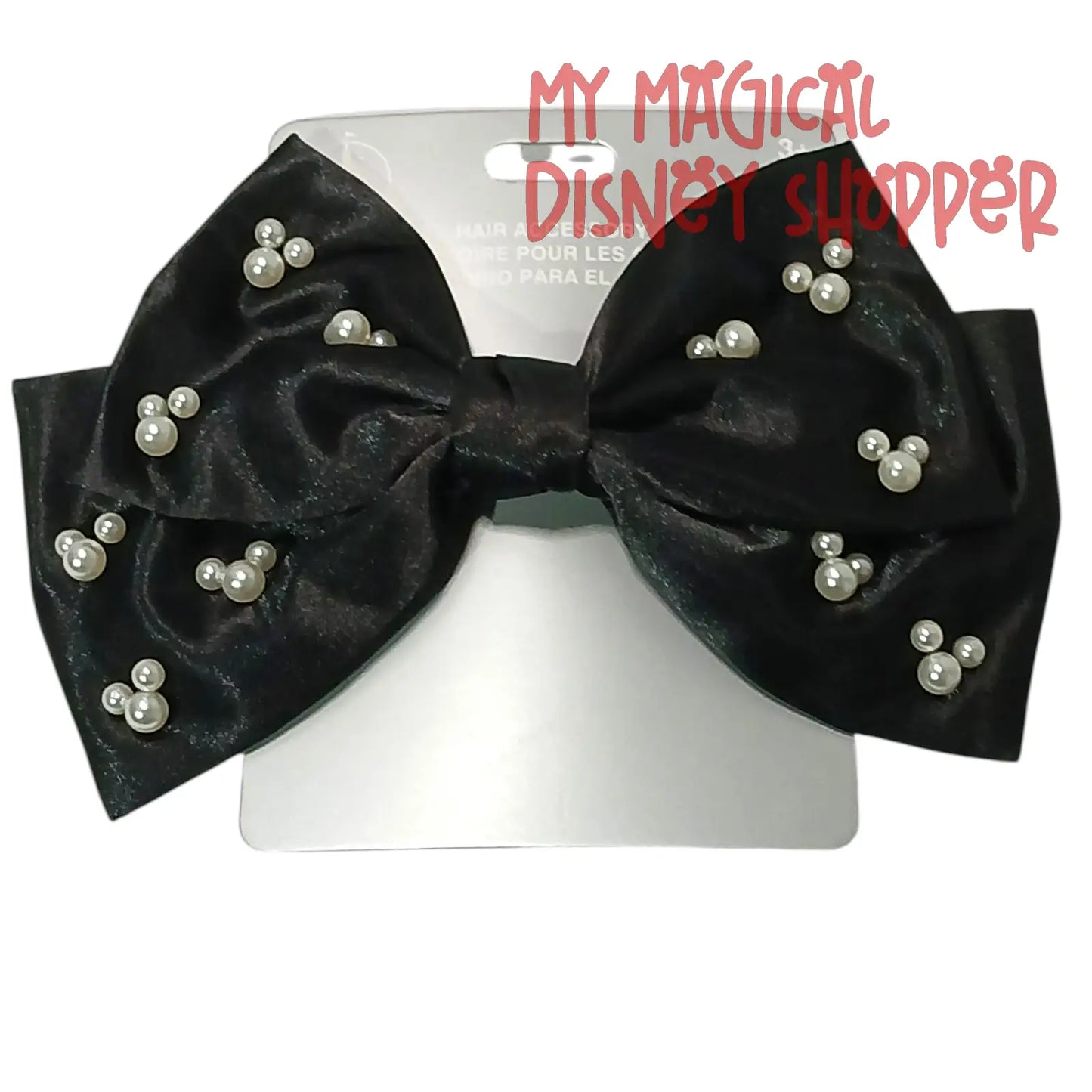 Black Satin Bow with White Pearl Mickey Heads Clip