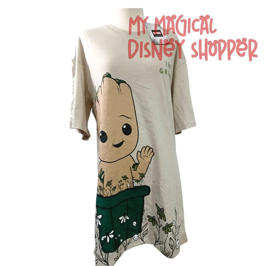 Primark Marvel "I Am Groot" Tan Nightshirt Featuring Groot in a Potted Plant – Adult XS 🌱💚