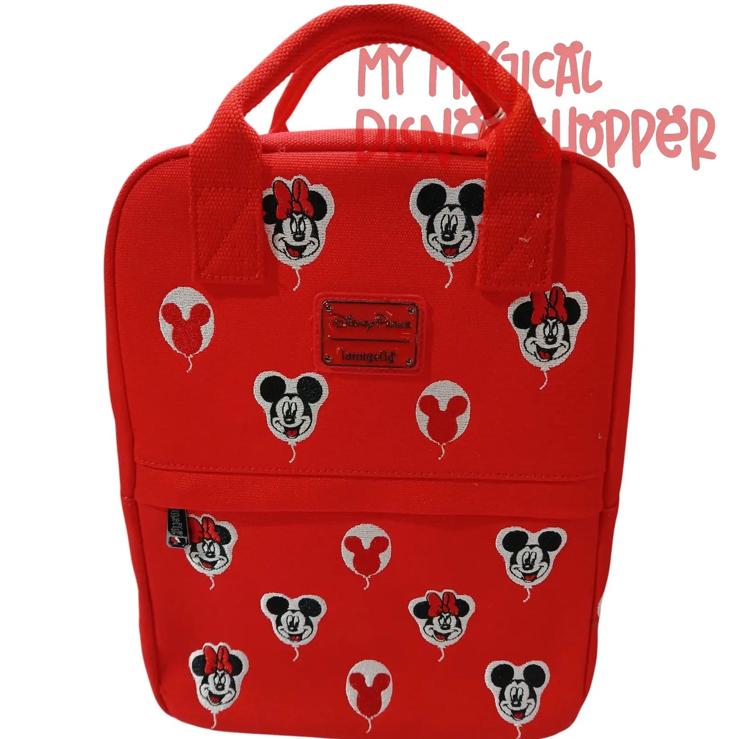 Red Canvas Disney Parks Loungefly Mickey and Minnie Balloons Backpack