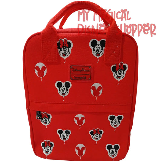 Red Canvas Disney Parks Loungefly Mickey and Minnie Balloons Backpack