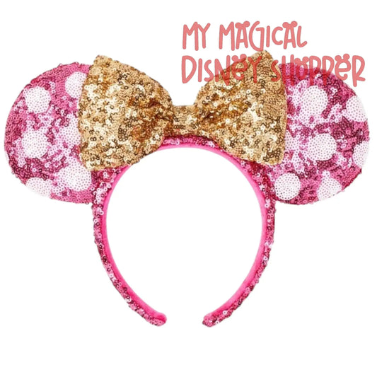 Hot Pink And Gold Minnie Mouse Polka Dot Ears - Preloved