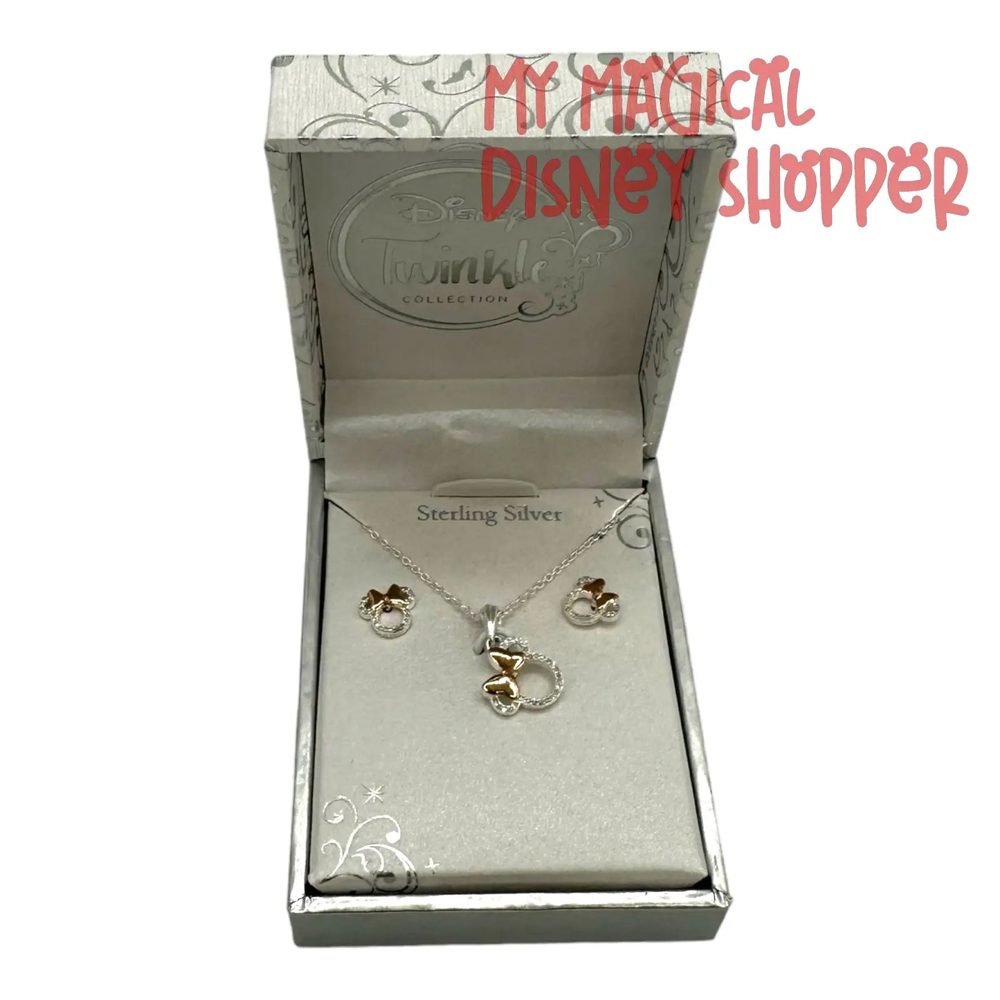 Minnie Mouse Diamond Accent Pendant And Earring Set In Sterling Silver With 18k Rose Gold Plated Accents