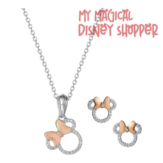 Minnie Mouse Diamond Accent Pendant And Earring Set In Sterling Silver With 18k Rose Gold Plated Accents