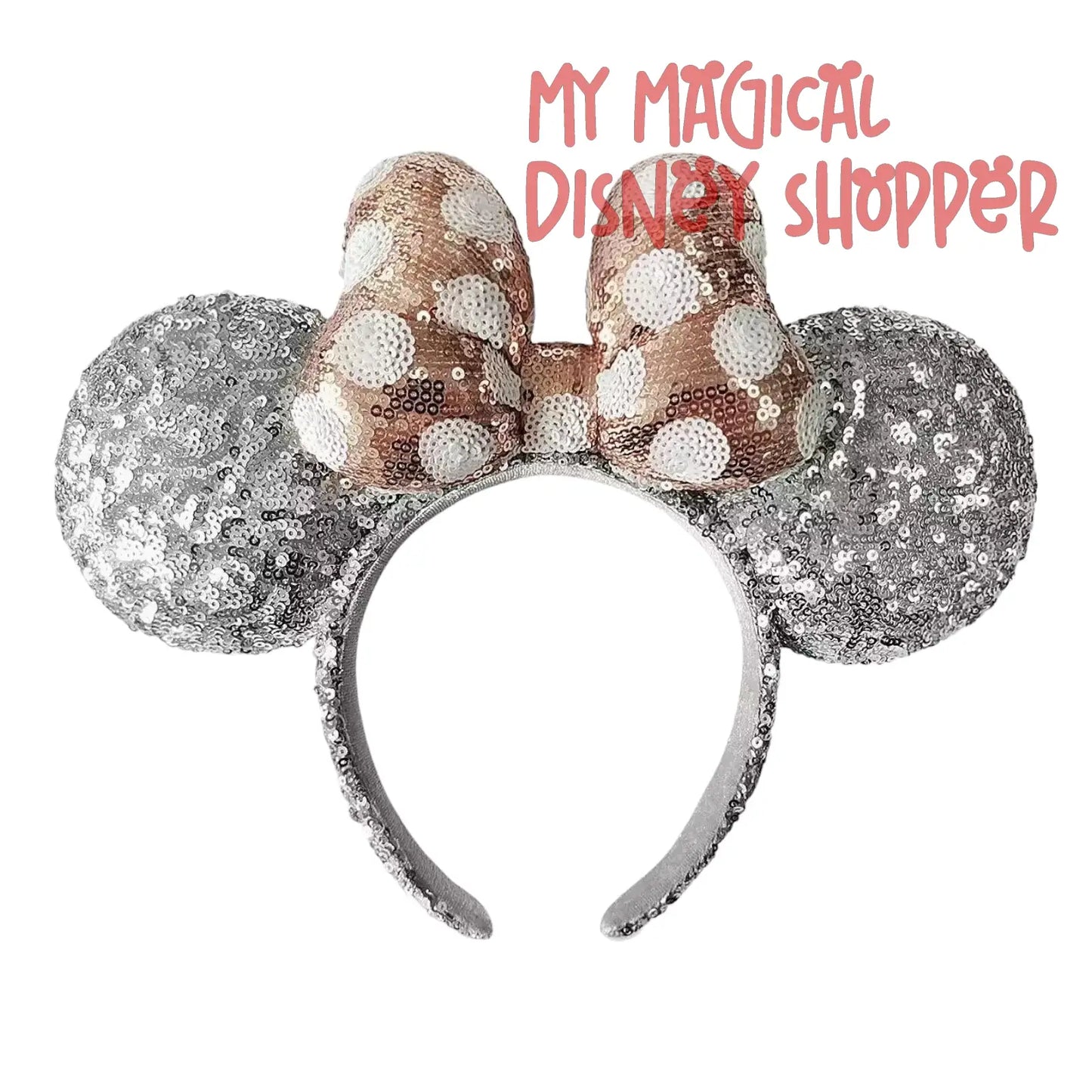 Minnie Mouse Silver Sequined Ear Headband with Rose Gold Bow