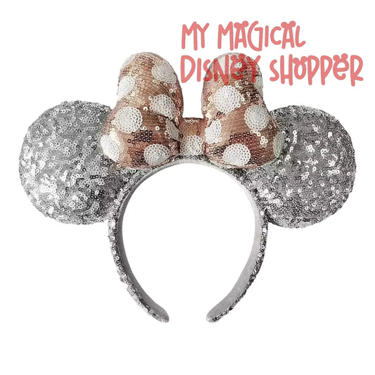 Minnie Mouse Silver Sequined Ear Headband with Rose Gold Bow