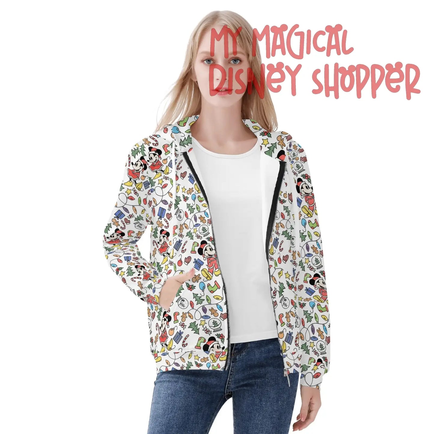 My Magical Christmas Mouse Womens All Over Print Classic Zip Up Hoodie Warm Jacket
