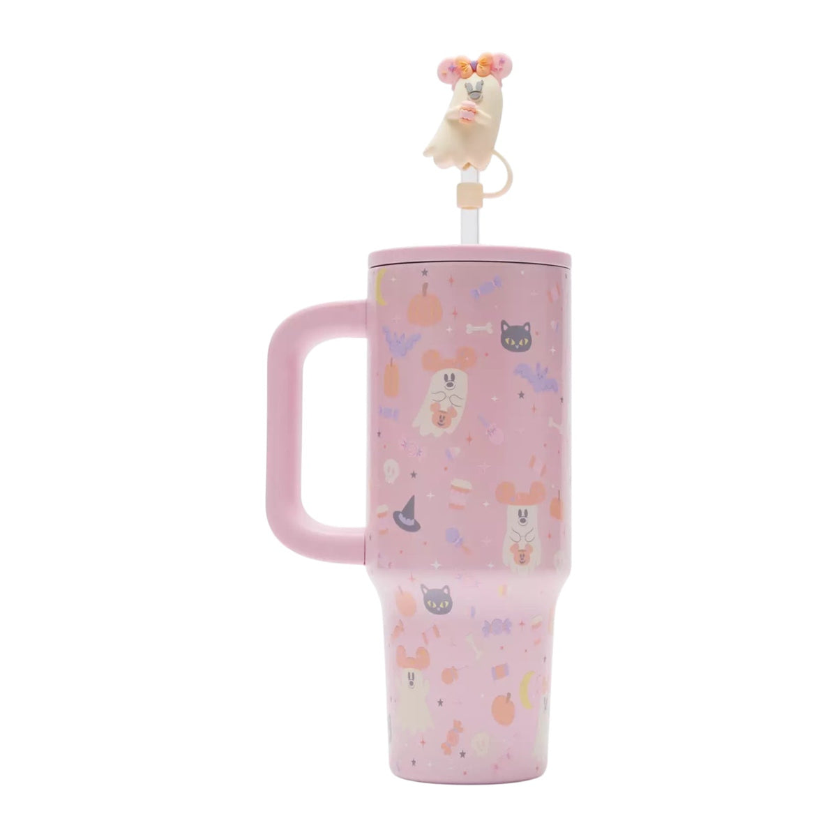 My Magical WDW Shopper 30 oz stainless steel travel tumbler with pink Halloween ghost print and Minnie straw topper.