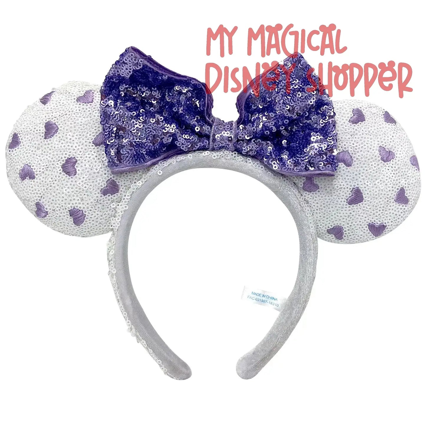 Disney Parks White Sequin with Purple Hearts Minnie Ears - Gently Used
