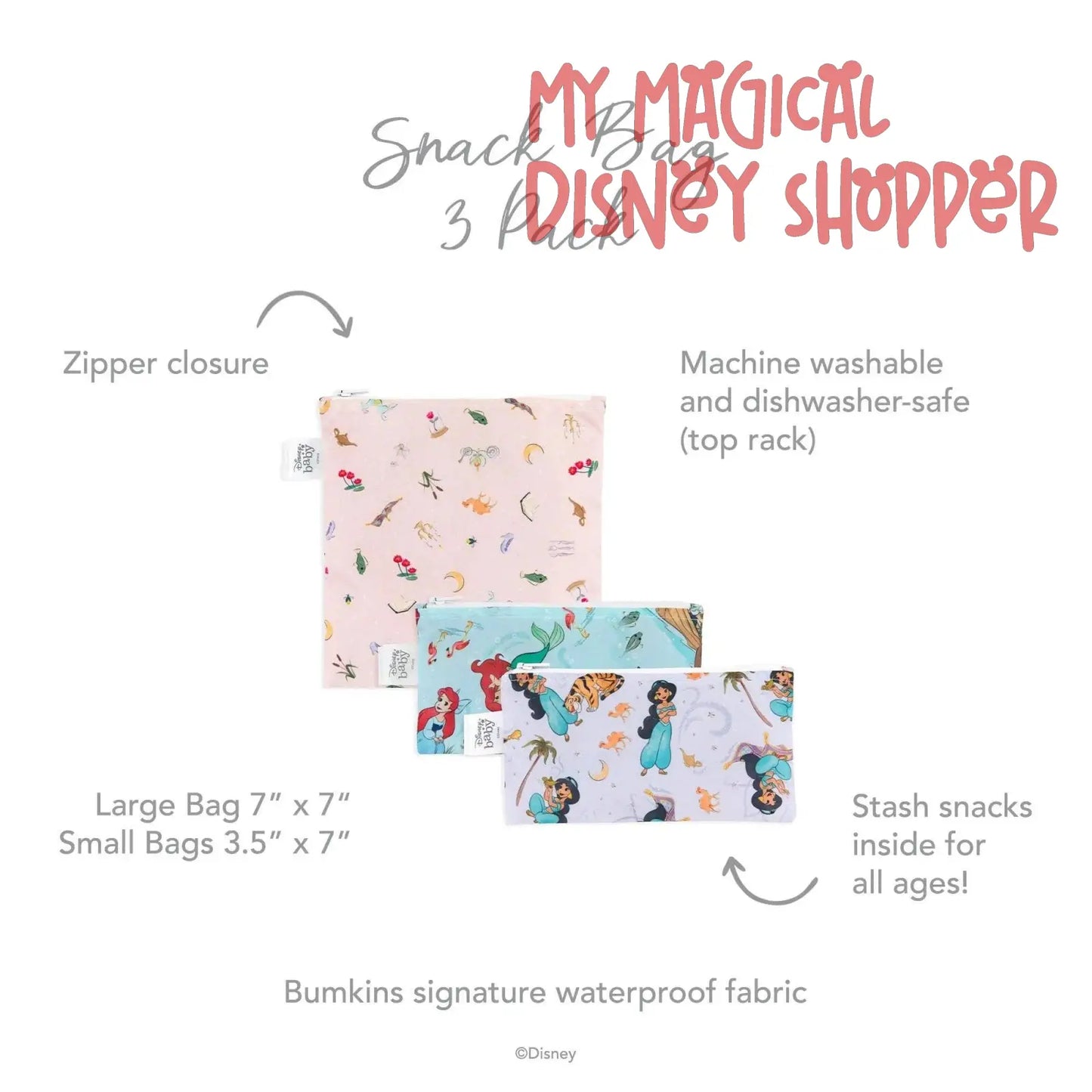 Princess Magic, Ariel, and Jasmine Reusable Snack Bag, 3-Pack