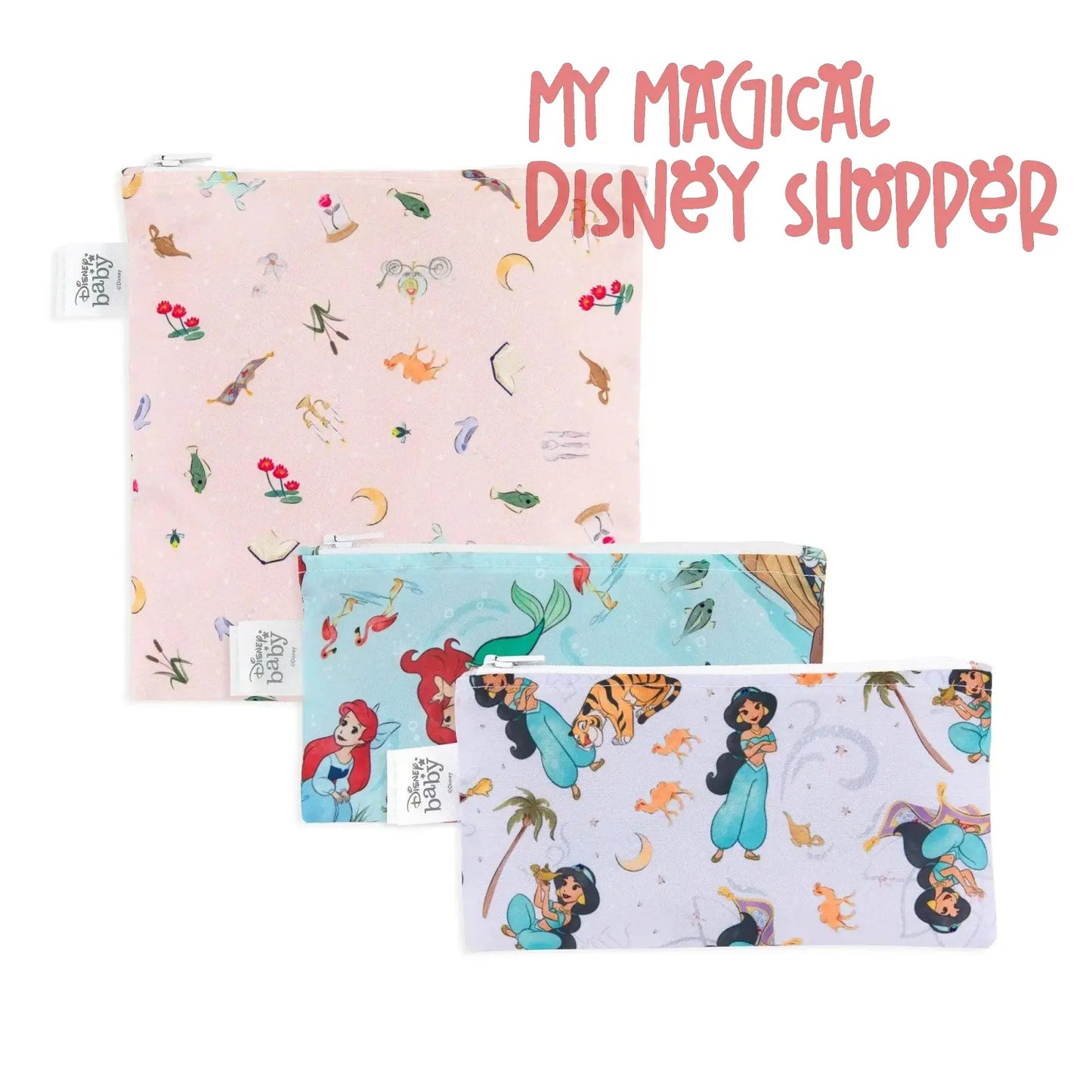 Princess Magic, Ariel, and Jasmine Reusable Snack Bag, 3-Pack