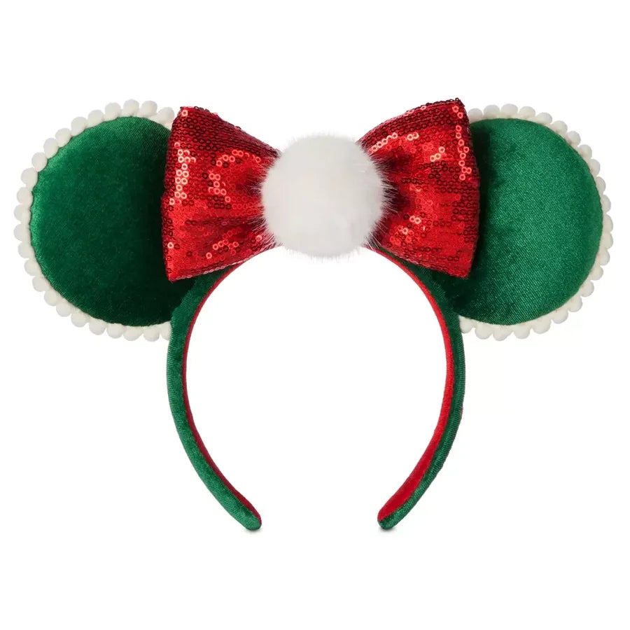 Green Minnie Mouse Christmas Ear Headband with Pom and Sequin Bow