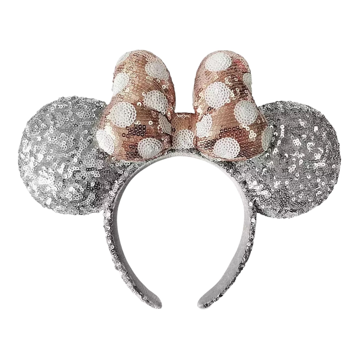 Minnie Mouse Silver Sequined Ear Headband with Rose Gold Bow