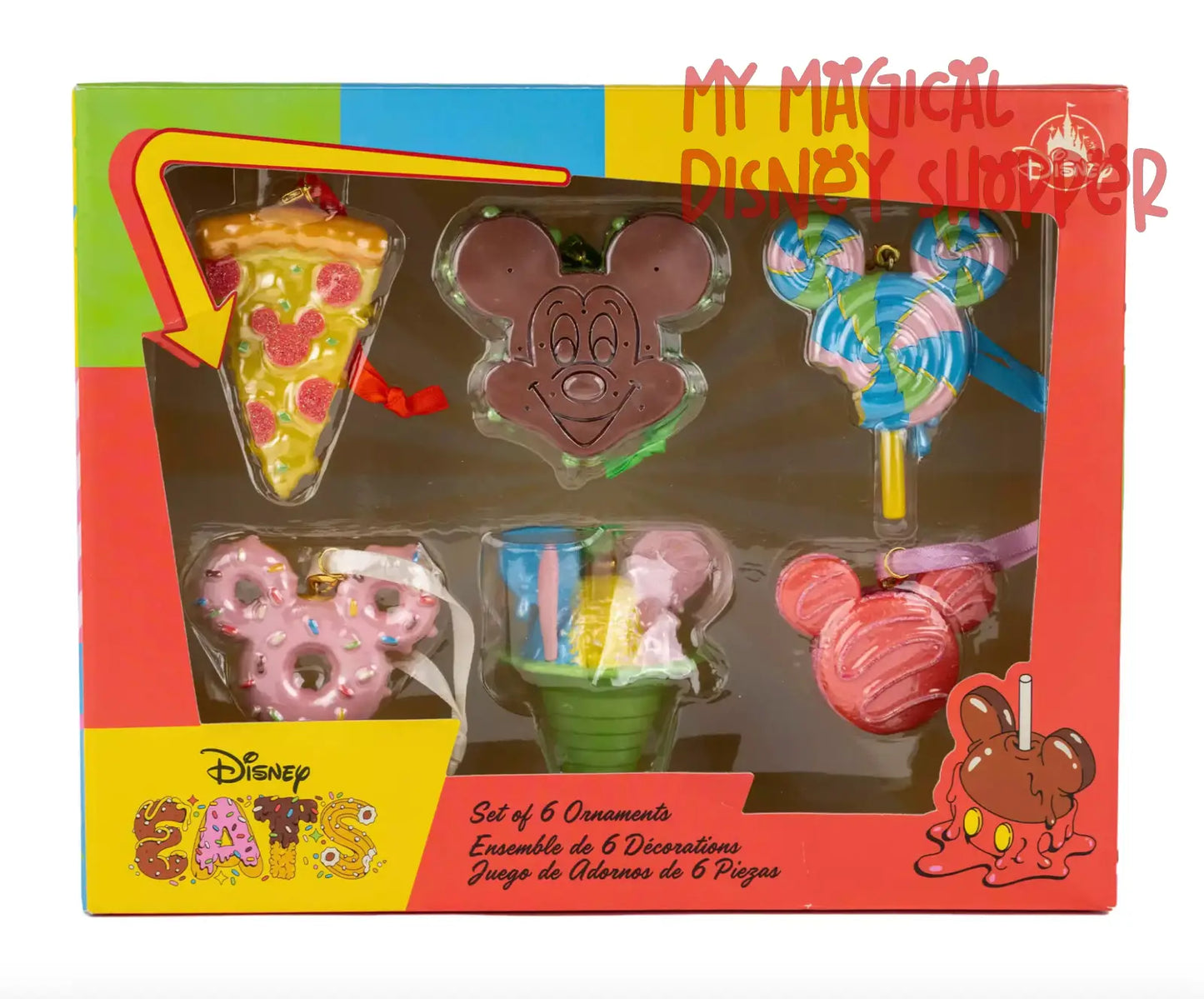 Set of 6 Snacks Disney Ornament Set - Disney Eats - Pizza, Mickey Macaron, Lollipop, Ice Cream Sanwich, Donut and Shaved Ice