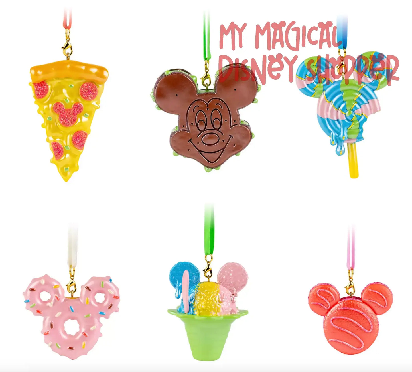Set of 6 Snacks Disney Ornament Set - Disney Eats - Pizza, Mickey Macaron, Lollipop, Ice Cream Sanwich, Donut and Shaved Ice