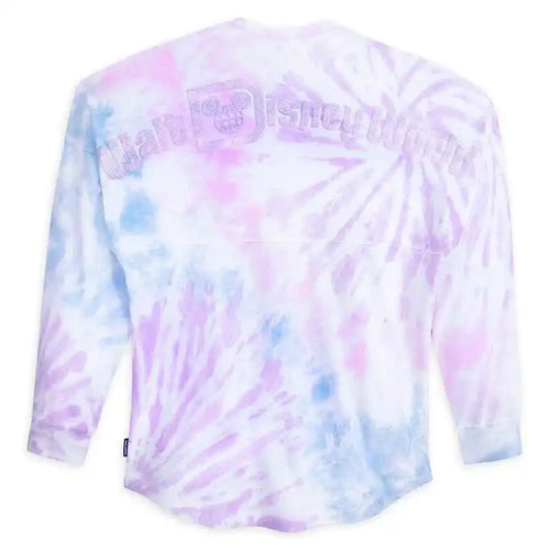 Tie-dye long-sleeve shirt in pastel pink, purple, and blue.