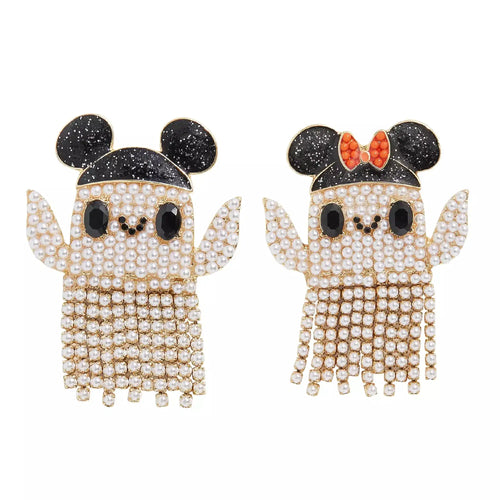 Two pearl-encrusted Mickey and Minnie Mouse ghost dangle earrings.