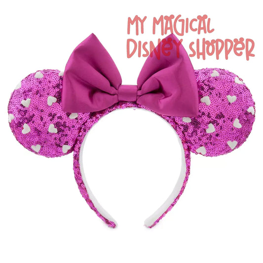 Valentine Minnie Mouse Sequined Ear Headband with Bow - Pink with Hearts