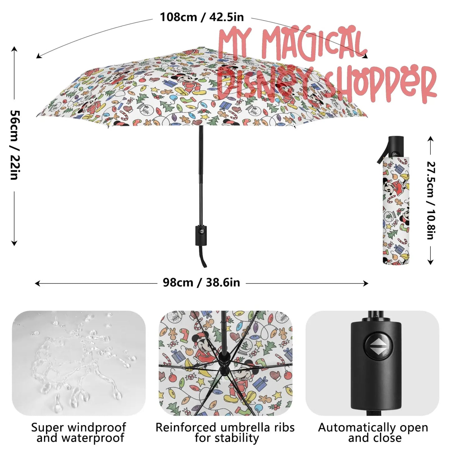Very Merry Christmas Mouse Lightweight Auto Open & Close Umbrella Printing Outside