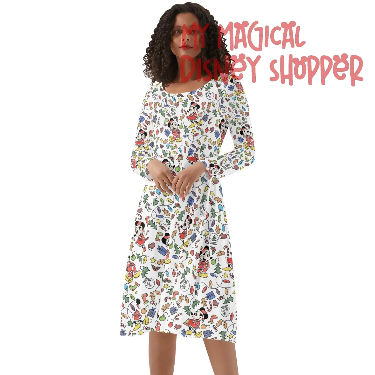 Very Merry Christmas Mouse Womens Round Neck Long Sleeve Ruffle Dress