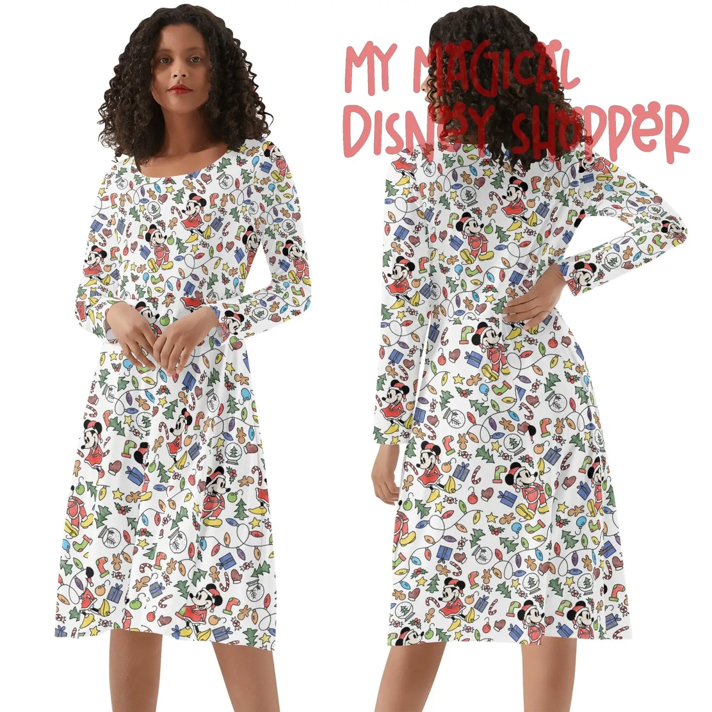 Very Merry Christmas Mouse Womens Round Neck Long Sleeve Ruffle Dress