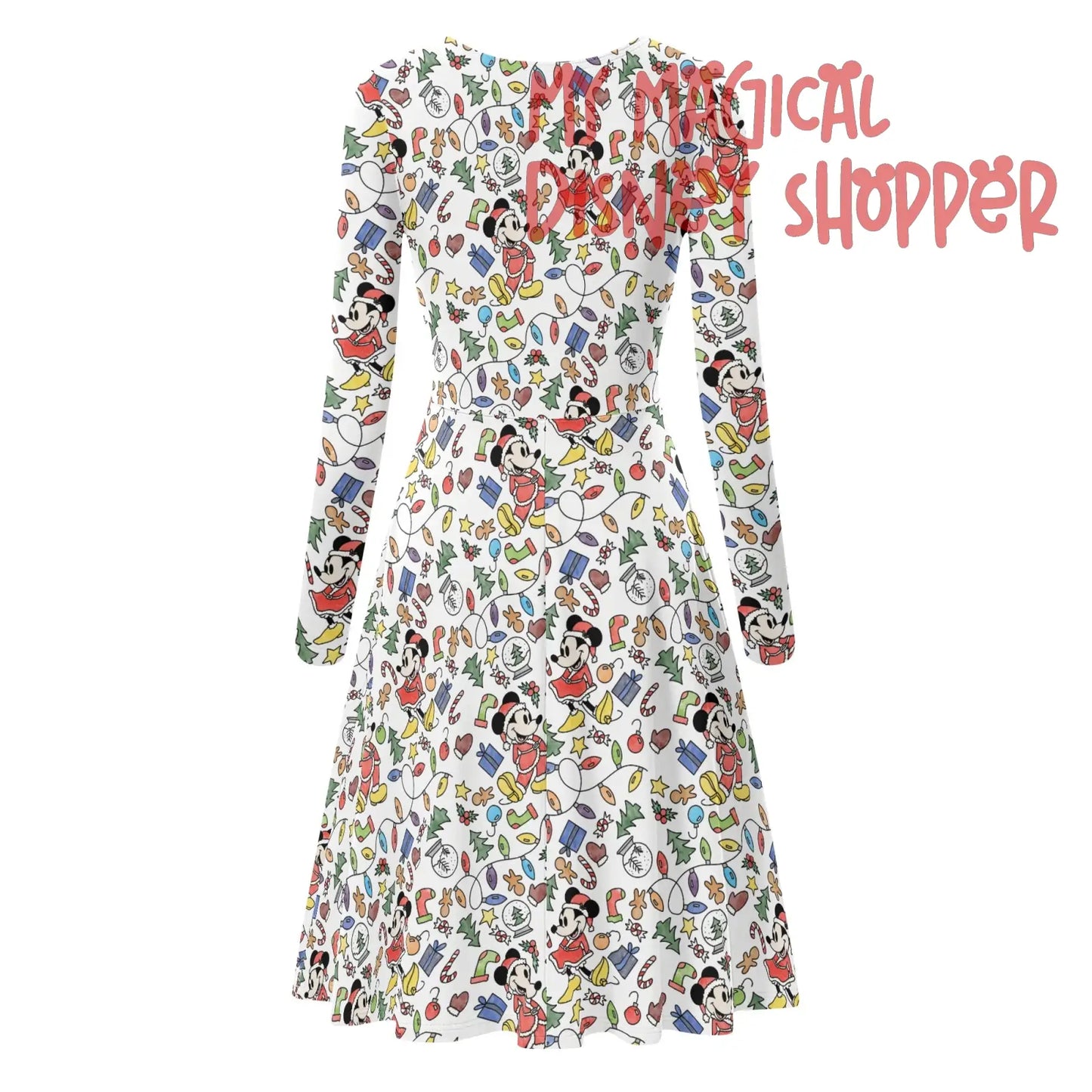 Very Merry Christmas Mouse Womens Round Neck Long Sleeve Ruffle Dress