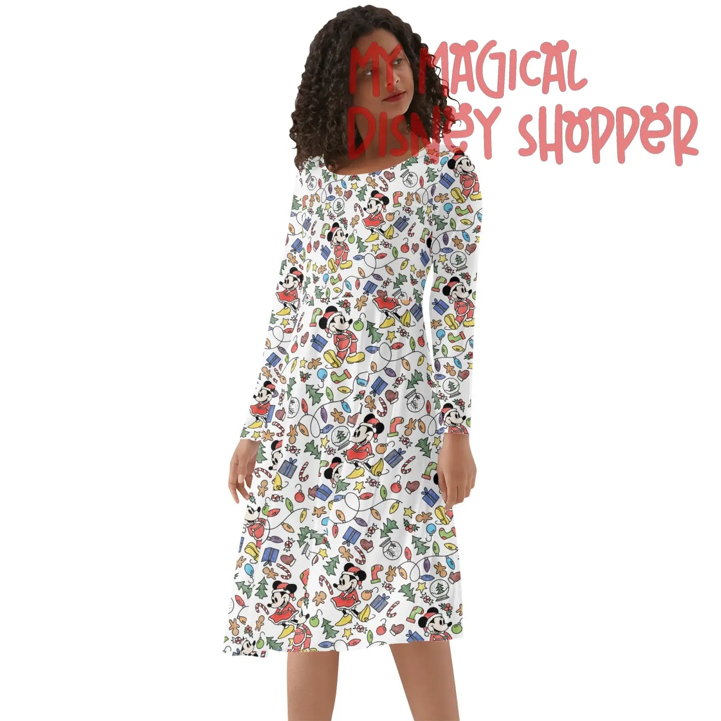 Very Merry Christmas Mouse Womens Round Neck Long Sleeve Ruffle Dress