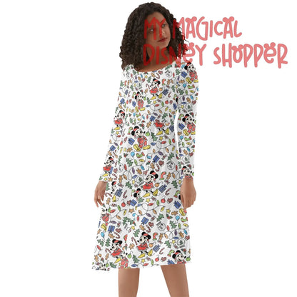 Very Merry Christmas Mouse Womens Round Neck Long Sleeve Ruffle Dress