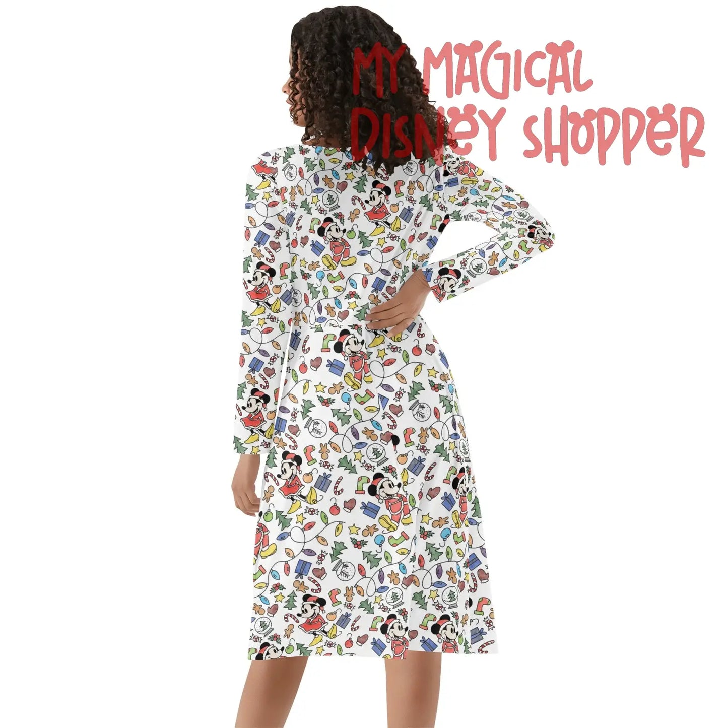 Very Merry Christmas Mouse Womens Round Neck Long Sleeve Ruffle Dress