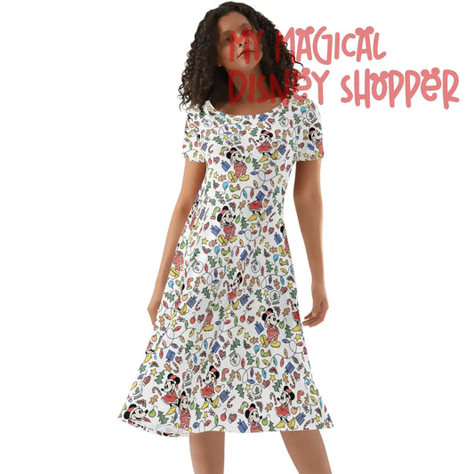 Very Merry Christmas Mouse Womens Short Sleeve Ruffle Dress