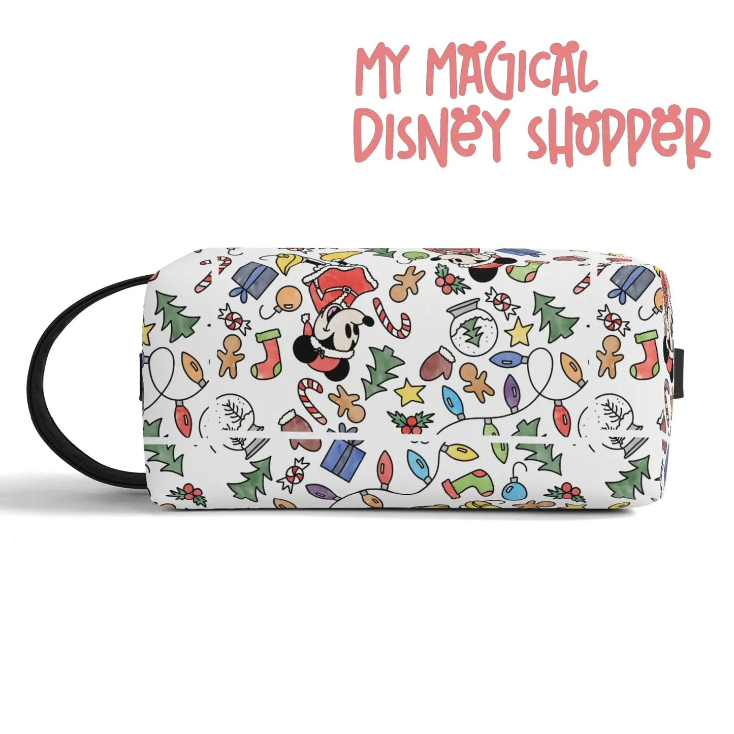 Very Merry Christmas Party Mouse Travel PU Leather Toiletry and Makeup Cometic Organizer Bag