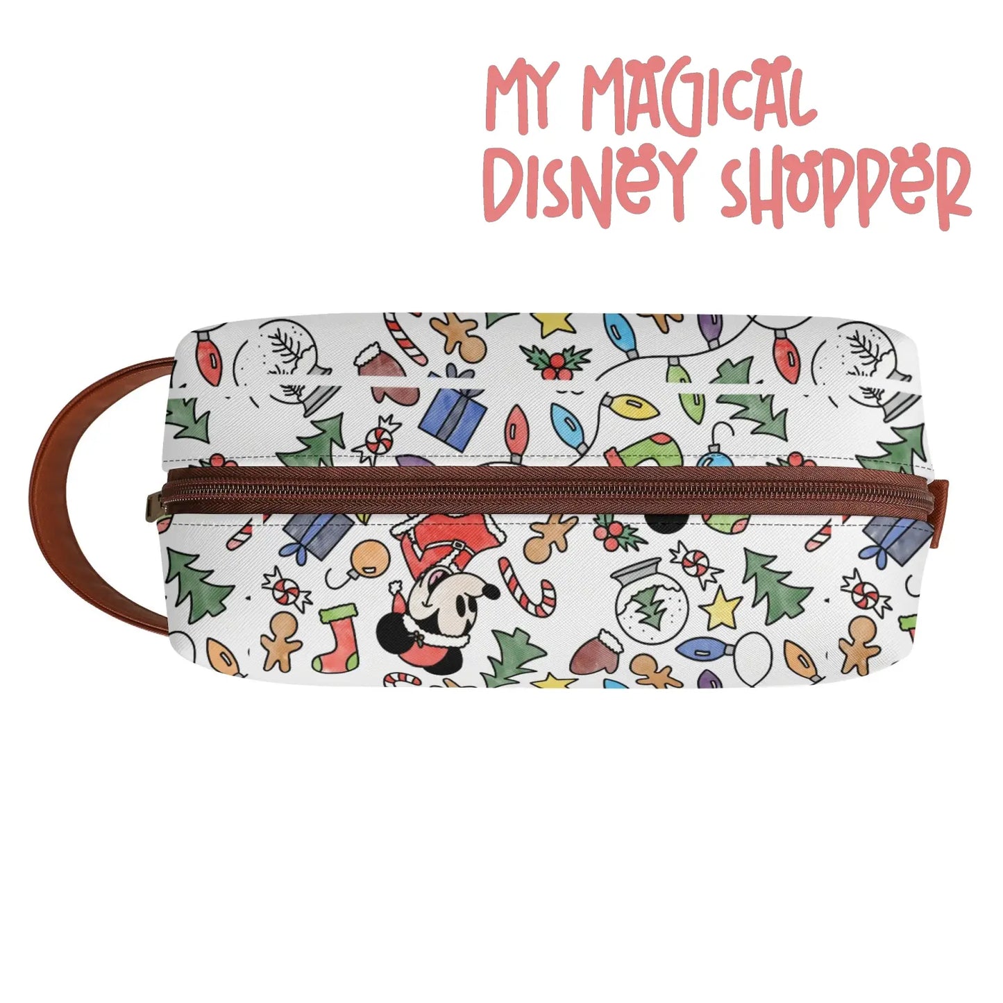 Very Merry Christmas Party Mouse Travel PU Leather Toiletry and Makeup Cometic Organizer Bag