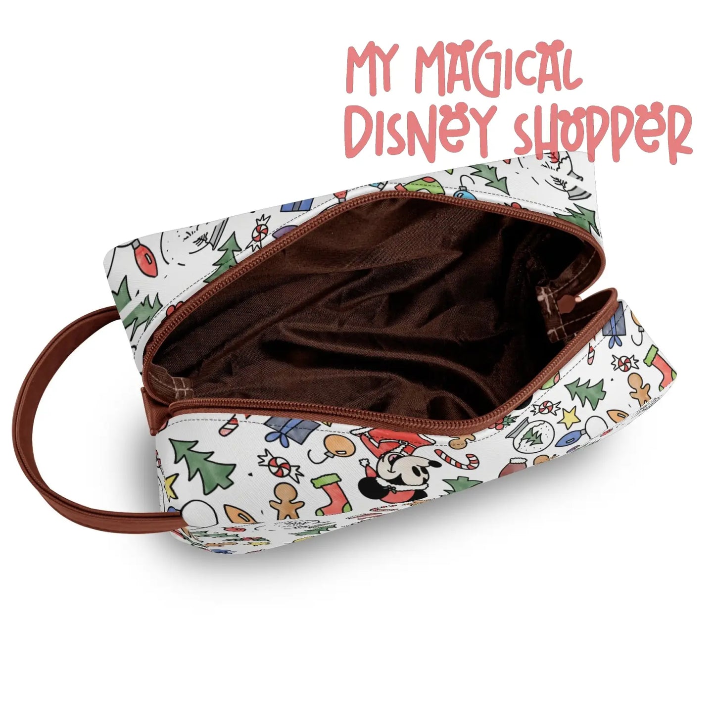 Very Merry Christmas Party Mouse Travel PU Leather Toiletry and Makeup Cometic Organizer Bag