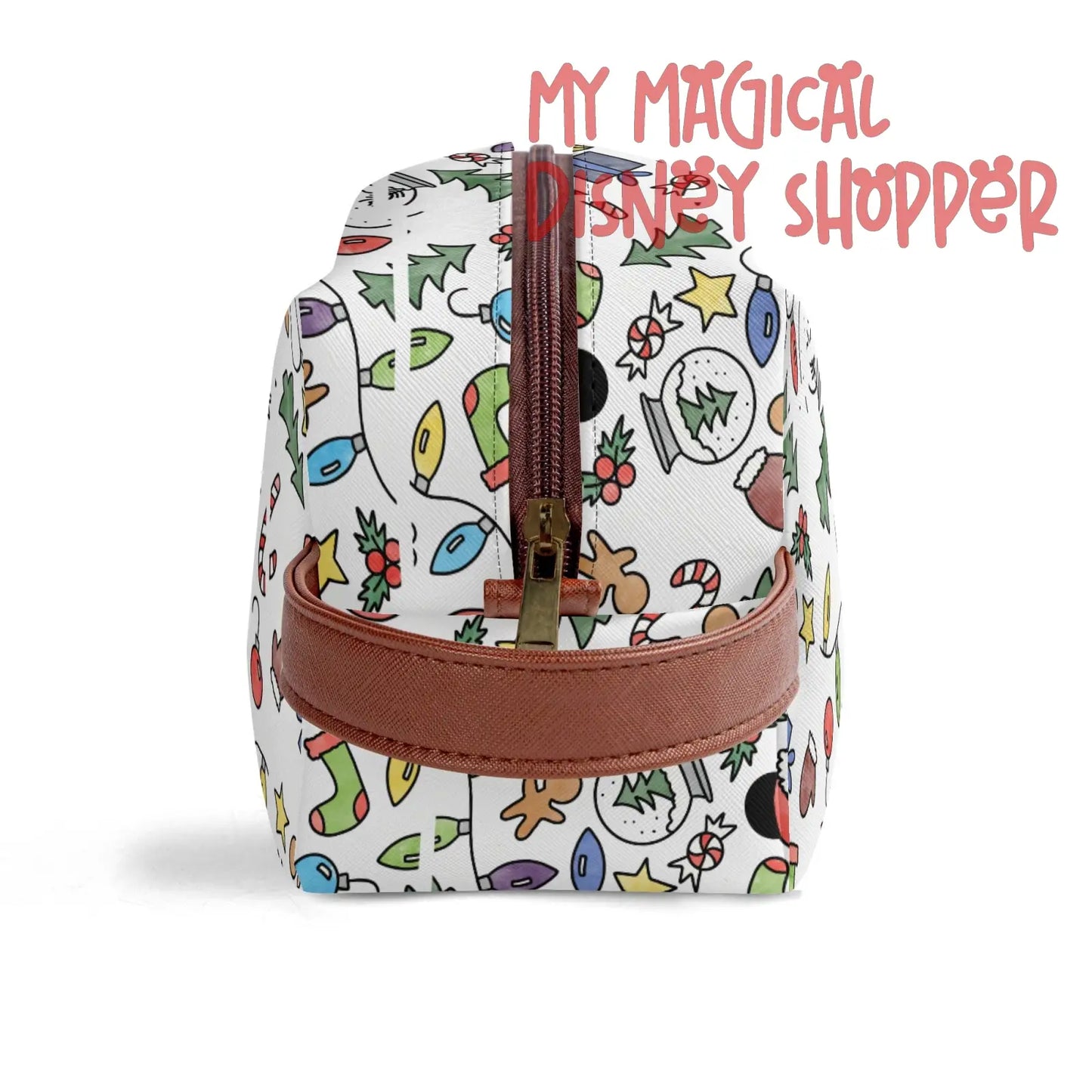 Very Merry Christmas Party Mouse Travel PU Leather Toiletry and Makeup Cometic Organizer Bag