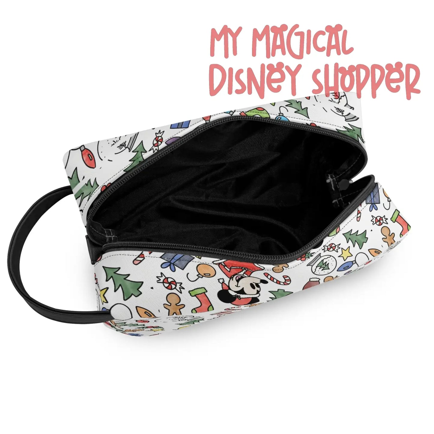 Very Merry Christmas Party Mouse Travel PU Leather Toiletry and Makeup Cometic Organizer Bag