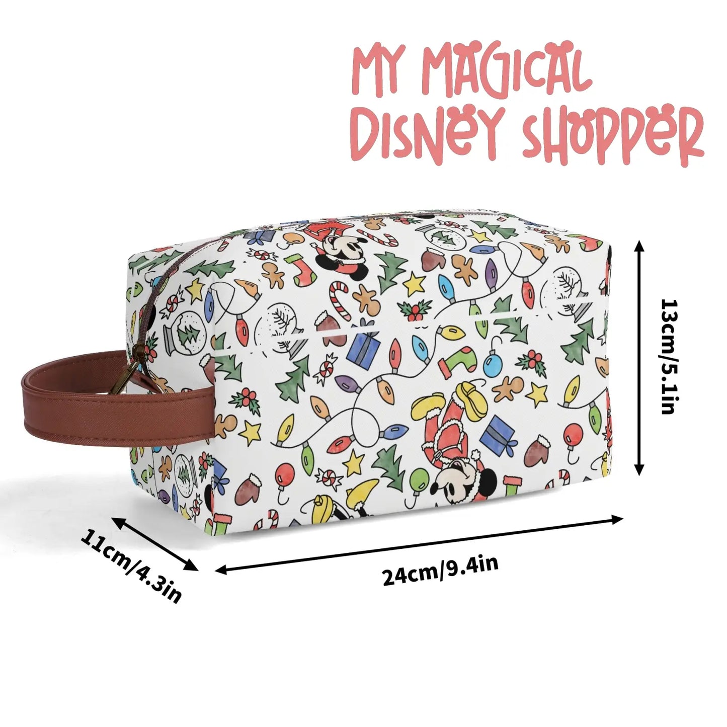 Very Merry Christmas Party Mouse Travel PU Leather Toiletry and Makeup Cometic Organizer Bag