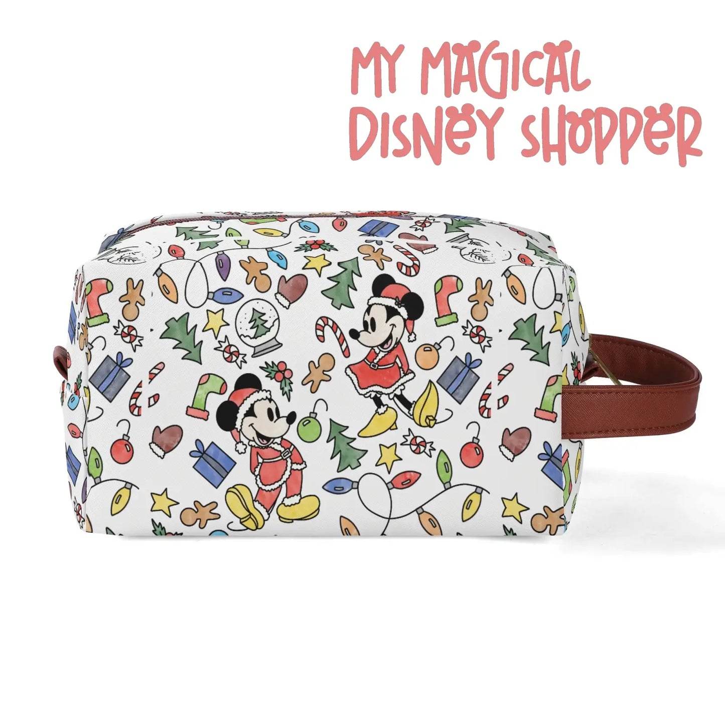 Very Merry Christmas Party Mouse Travel PU Leather Toiletry and Makeup Cometic Organizer Bag