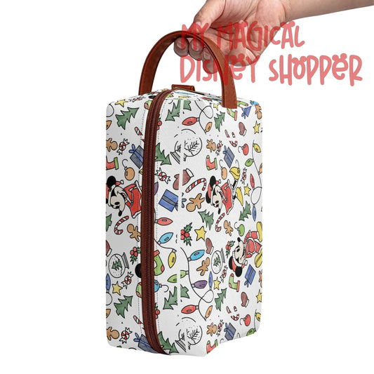 Very Merry Christmas Party Mouse Travel PU Leather Toiletry and Makeup Cometic Organizer Bag