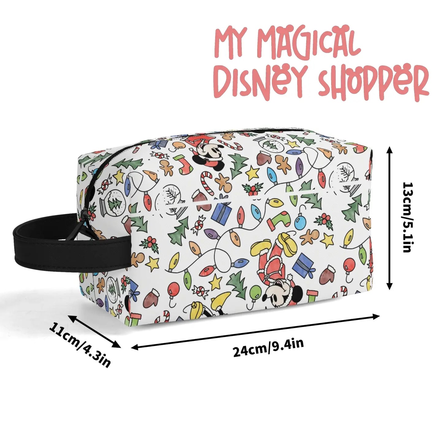 Very Merry Christmas Party Mouse Travel PU Leather Toiletry and Makeup Cometic Organizer Bag