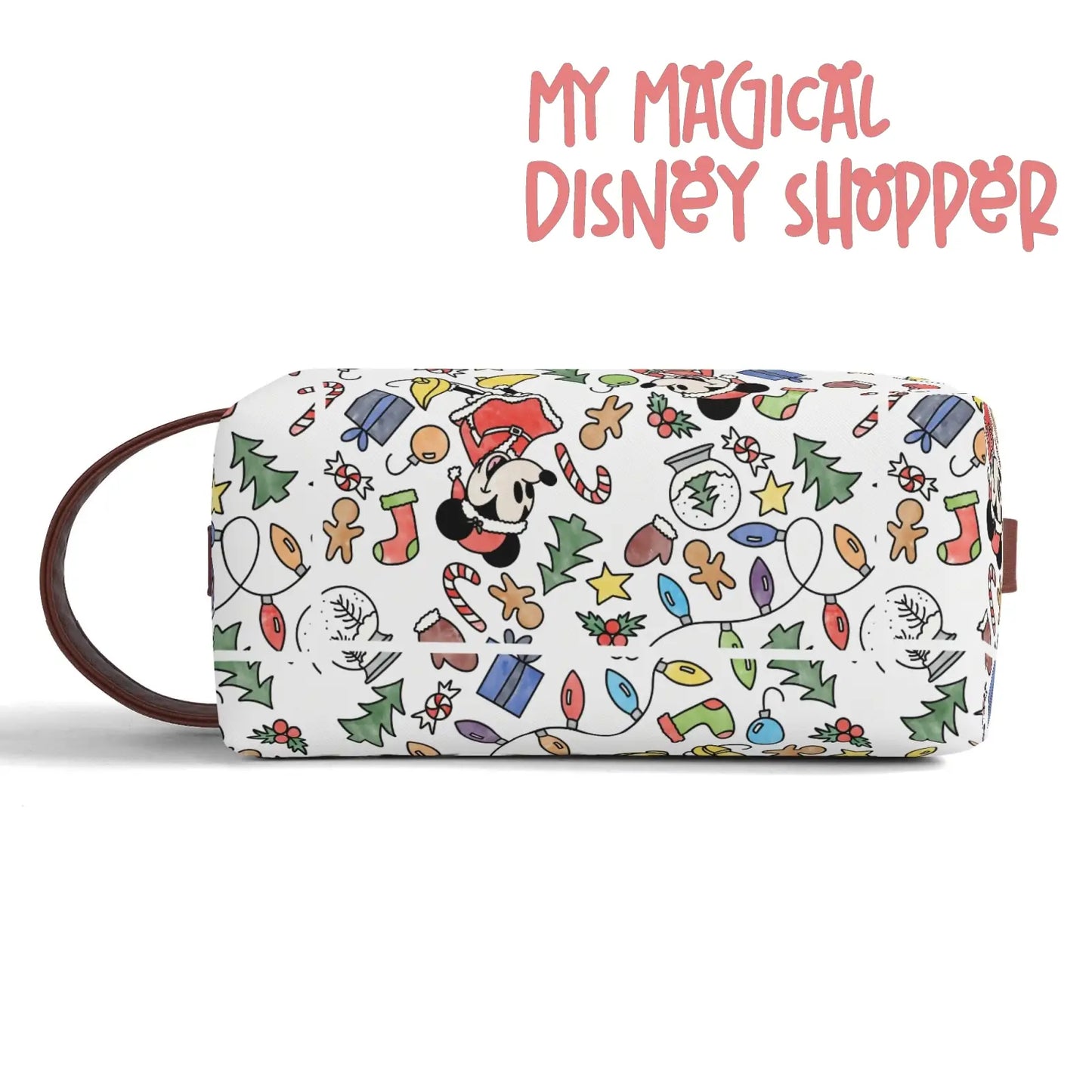Very Merry Christmas Party Mouse Travel PU Leather Toiletry and Makeup Cometic Organizer Bag