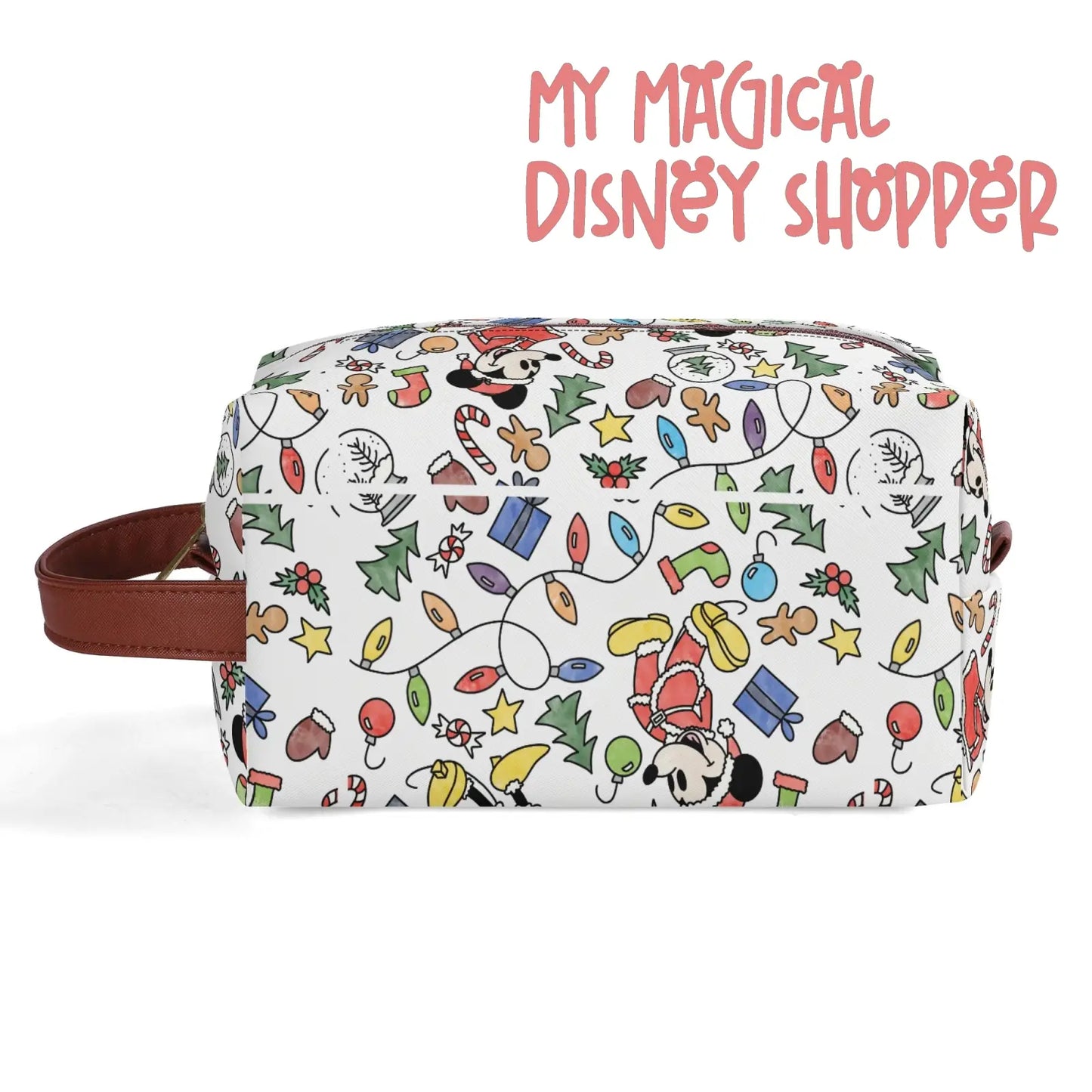 Very Merry Christmas Party Mouse Travel PU Leather Toiletry and Makeup Cometic Organizer Bag